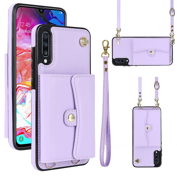 

For Samsung Galaxy A70 RFID Card Slot Leather Phone Case with Long Lanyard(Purple)