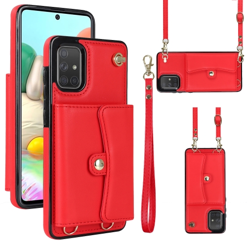 

For Samsung Galaxy A71 4G RFID Card Slot Leather Phone Case with Long Lanyard(Red)