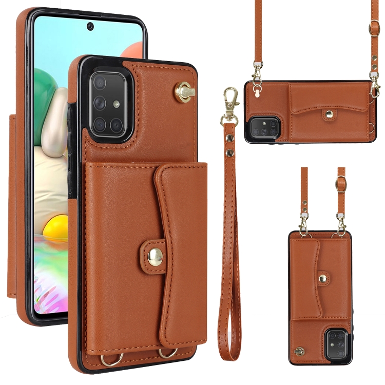 

For Samsung Galaxy A71 4G RFID Card Slot Leather Phone Case with Long Lanyard(Brown)