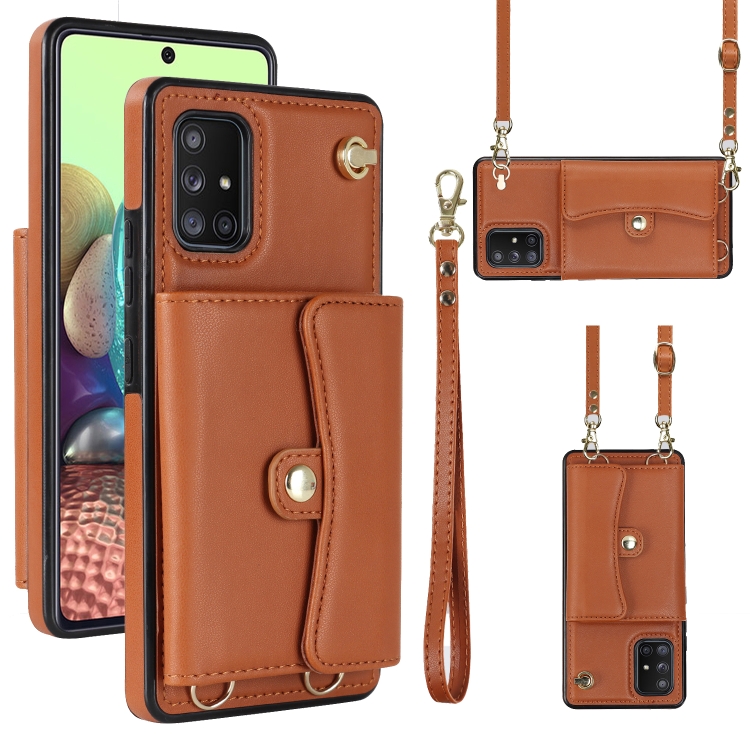 

For Samsung Galaxy A71 5G RFID Card Slot Leather Phone Case with Long Lanyard(Brown)
