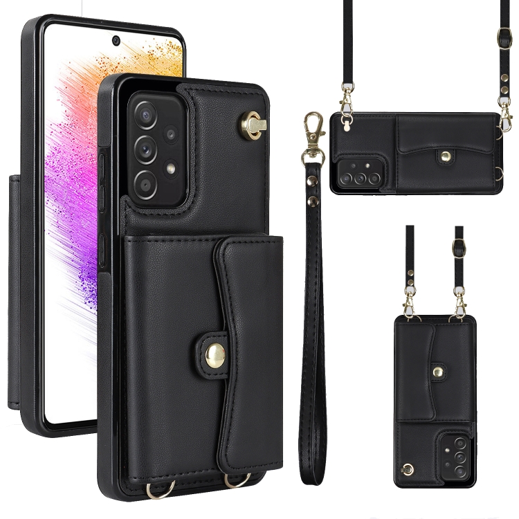 

For Samsung Galaxy A73 5G RFID Card Slot Leather Phone Case with Long Lanyard(Black)