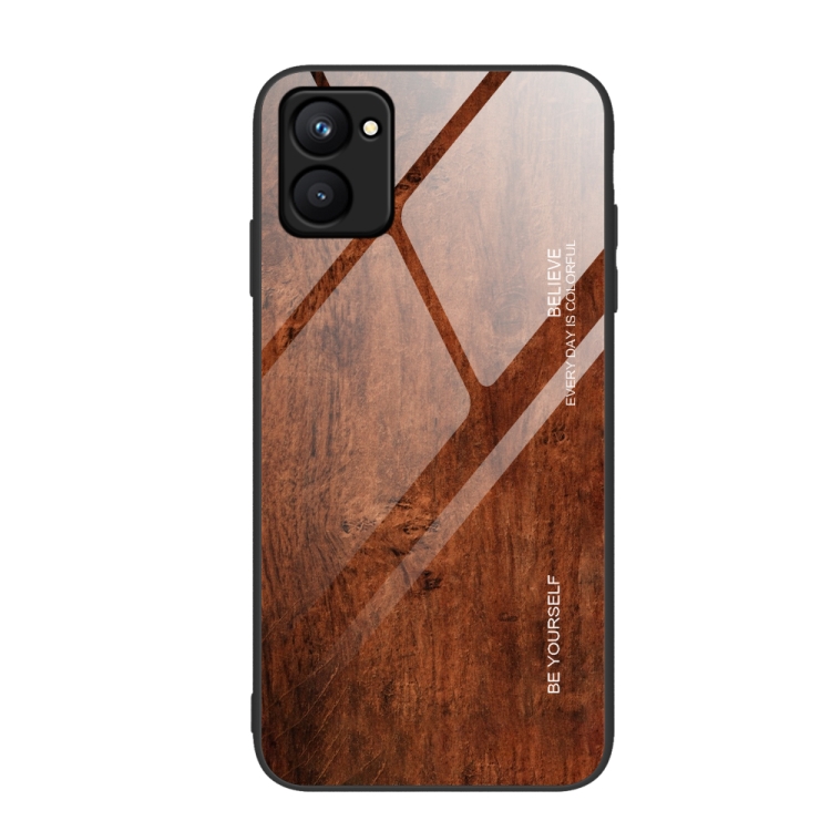 

For Realme C33 Wood Grain Glass Phone Case(Dark Brown)