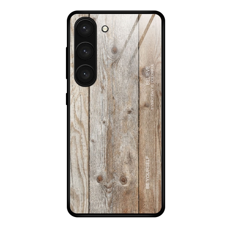 

For Samsung Galaxy S23 5G Wood Grain Glass Phone Case(Grey)