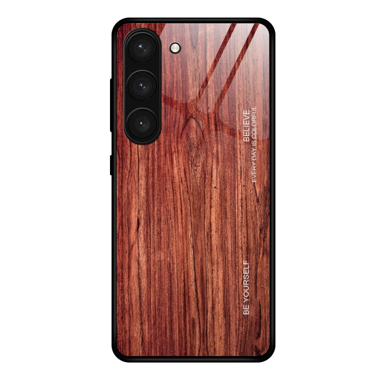 

For Samsung Galaxy S23+ 5G Wood Grain Glass Phone Case(Coffee)