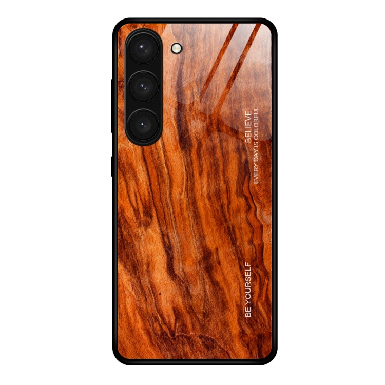 

For Samsung Galaxy S23+ 5G Wood Grain Glass Phone Case(Light Brown)