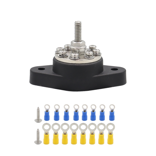 

1/4 inch M6 RV Yacht 8-way Terminal Stud with 2 M5x20 Screws + 16pcs Terminals(Black)