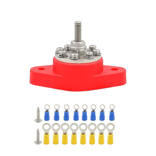 

1/4 inch M6 RV Yacht 8-way Terminal Stud with 2 M5x20 Screws + 16pcs Terminals(Red)