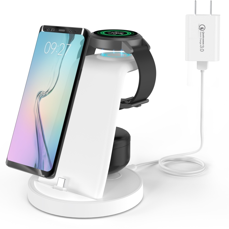

For Type-C Cellphone&Earphone / Samsung Watch Series W-05 4 in 1 Wireless Charger Bracket, US Plug(White)