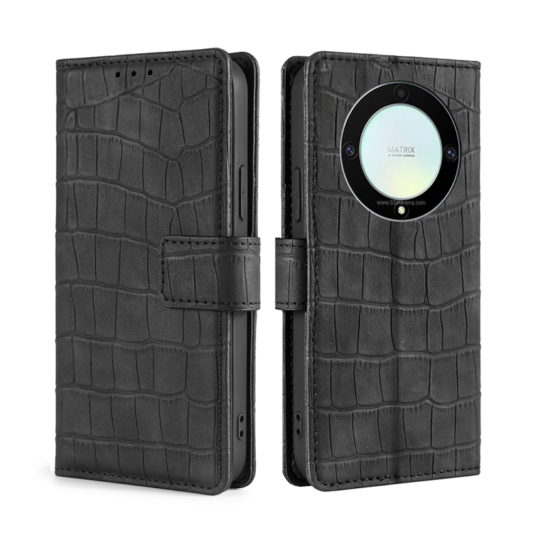 

For Honor X9a 5G Skin Feel Crocodile Magnetic Clasp Leather Phone Case(Black)