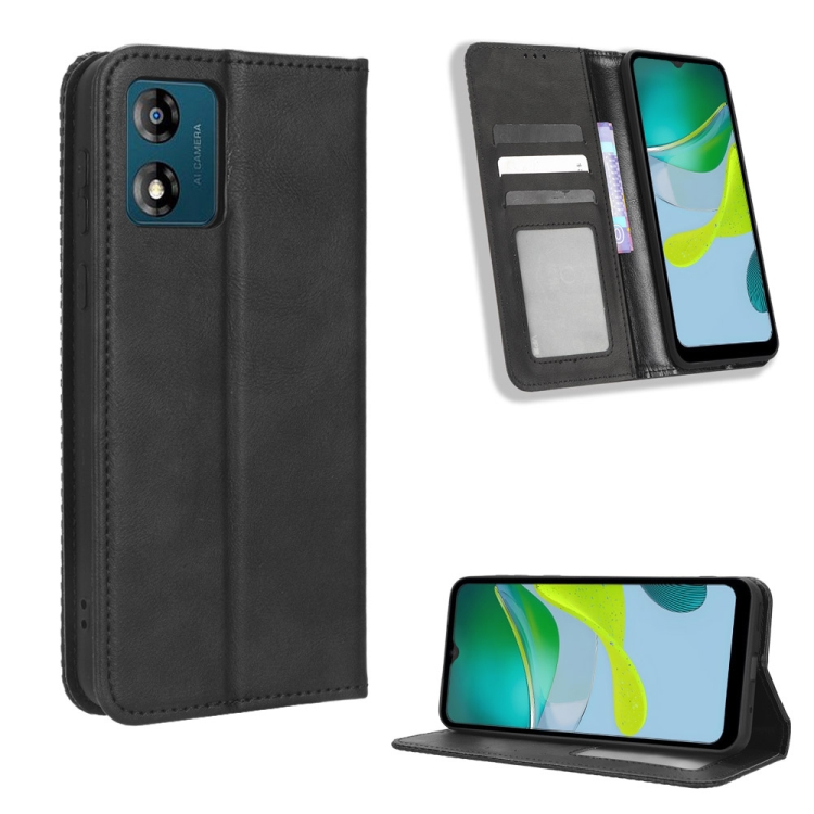 

For Motorola Moto E13 4G Magnetic Buckle Retro Texture Leather Phone Case(Black)