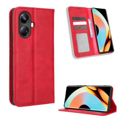 

For Realme 10 Pro+ Magnetic Buckle Retro Texture Leather Phone Case(Red)