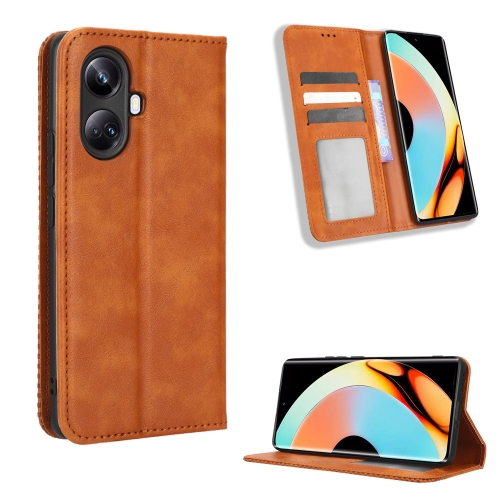 

For Realme 10 Pro+ Magnetic Buckle Retro Texture Leather Phone Case(Brown)