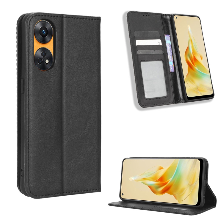 

For OPPO Reno8 T 4G Magnetic Buckle Retro Texture Leather Phone Case(Black)