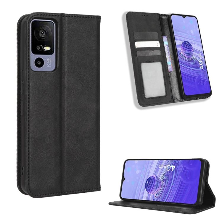 

For TCL 40 R 5G Magnetic Buckle Retro Texture Leather Phone Case(Black)