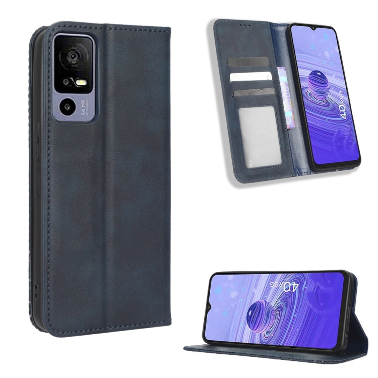 

For TCL 40 R 5G Magnetic Buckle Retro Texture Leather Phone Case(Blue)