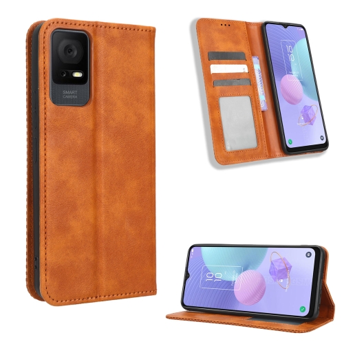 

For TCL 405 / 406 T506D Magnetic Buckle Retro Texture Leather Phone Case(Brown)