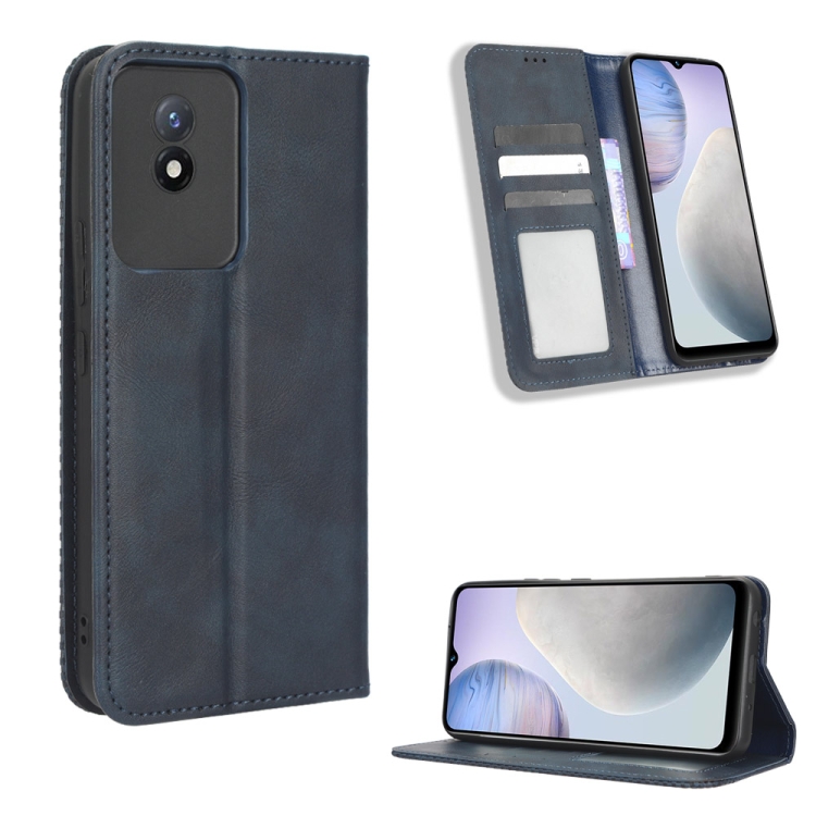 

For vivo Y02 4G Magnetic Buckle Retro Texture Leather Phone Case(Blue)