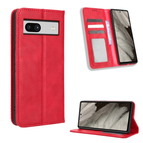 

For Google Pixel 7a Magnetic Buckle Retro Texture Leather Phone Case(Red)