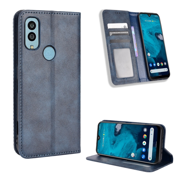 

For Kyocera Android One S10 Magnetic Buckle Retro Texture Leather Phone Case(Blue)