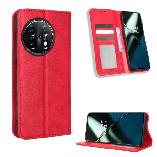 

For OnePlus 11 5G Magnetic Buckle Retro Texture Leather Phone Case(Red)