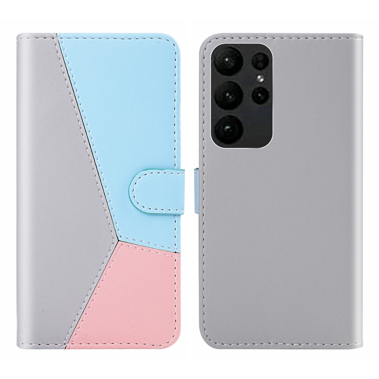 

For Samsung Galaxy S23 Ultra 5G Tricolor Stitching Flip Leather Phone Case(Grey)
