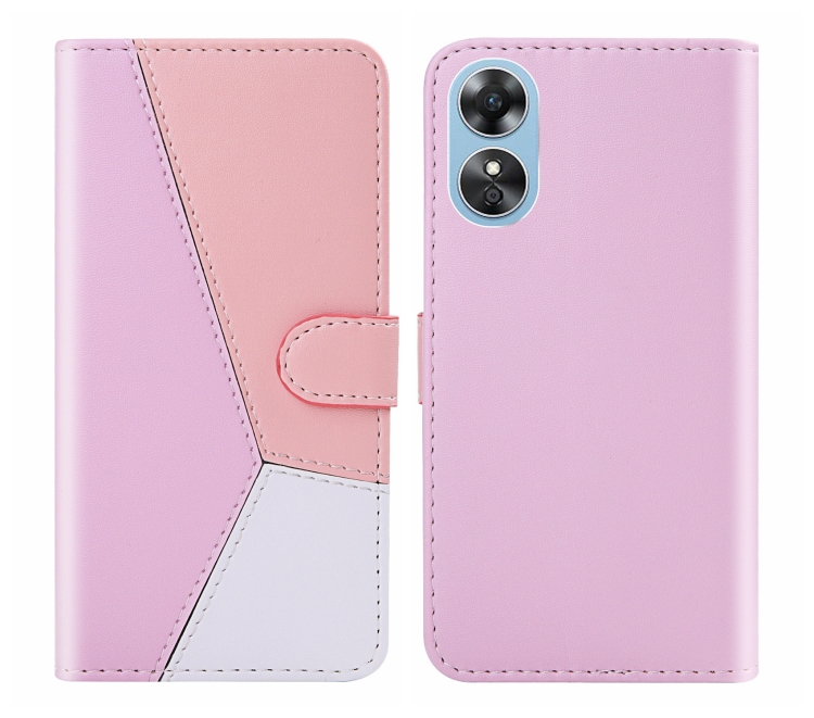 

For OPPO A17 Tricolor Stitching Flip Leather Phone Case(Pink)