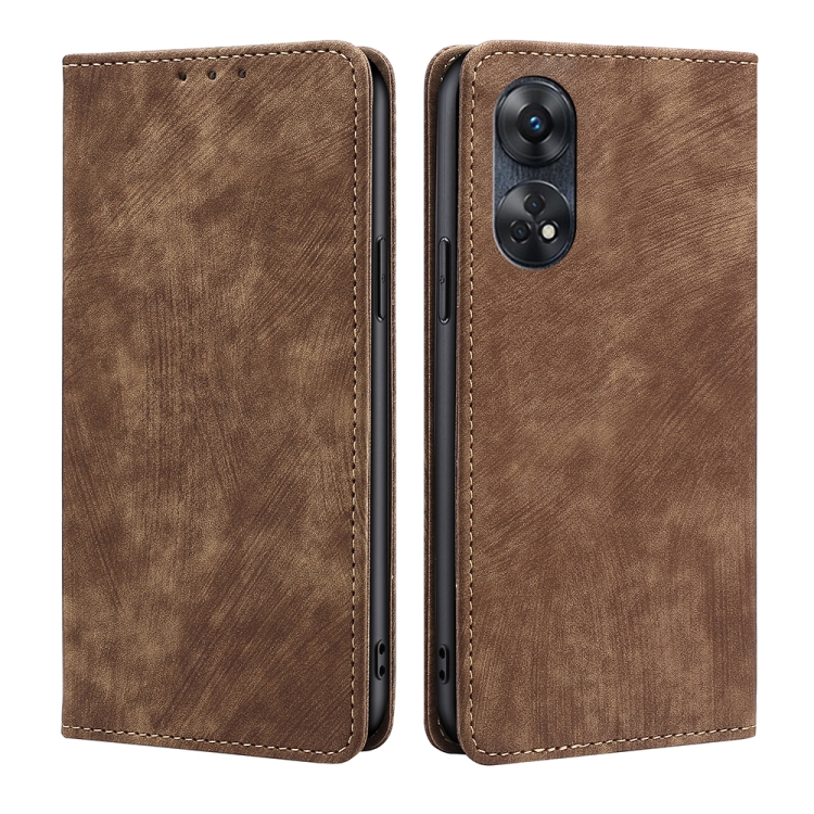 

For OPPO Reno8 T 4G RFID Anti-theft Brush Magnetic Leather Phone Case(Brown)