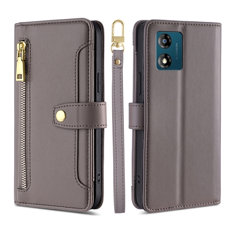 

For Motorola Moto E13 4G Sheep Texture Cross-body Zipper Wallet Leather Phone Case(Grey)