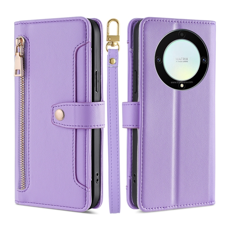 

For Honor X9a 5G Sheep Texture Cross-body Zipper Wallet Leather Phone Case(Purple)