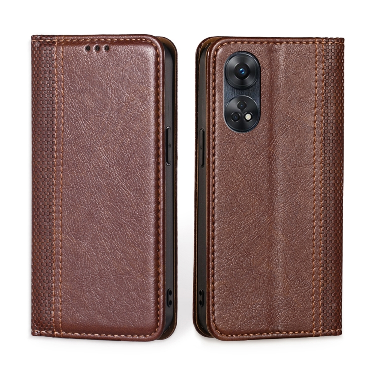 

For OPPO Reno8 T 4G Grid Texture Magnetic Flip Leather Phone Case(Brown)