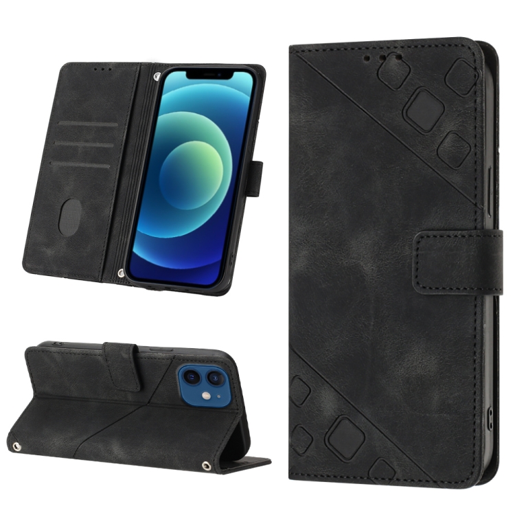 

For iPhone 12 / 12 Pro Skin-feel Embossed Leather Phone Case(Black)