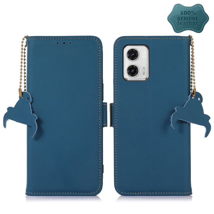 

For Motorola Moto G73 5G Genuine Leather Magnetic RFID Leather Phone Case(Blue)