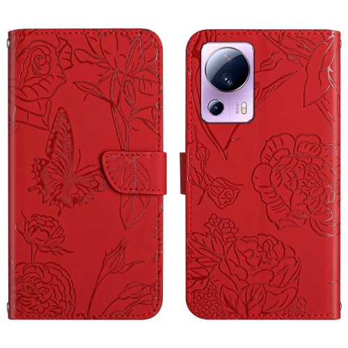 

For Xiaomi 13 Lite HT03 Skin Feel Butterfly Embossed Flip Leather Phone Case(Red)