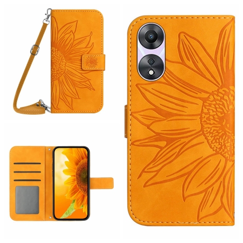 

For OPPO Reno8 T 5G/A1 Pro 5G HT04 Skin Feel Sun Flower Embossed Flip Leather Phone Case with Lanyard(Yellow)