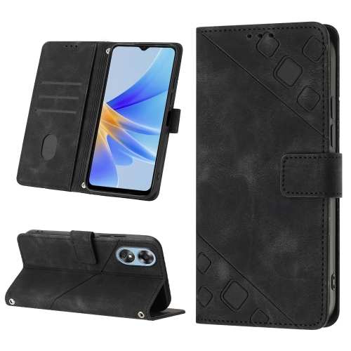 

For OPPO A17 Skin-feel Embossed Leather Phone Case(Black)