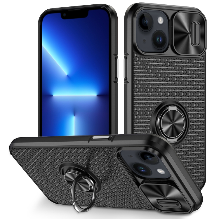 

For iPhone 14 Sliding Camshield Armor Phone Case with Ring Holder(Black)