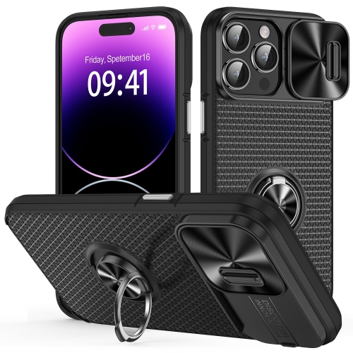 

For iPhone 14 Pro Sliding Camshield Armor Phone Case with Ring Holder(Black)