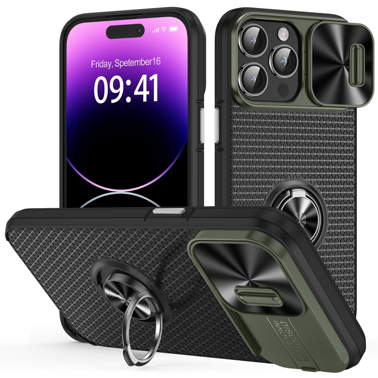 

For iPhone 14 Pro Sliding Camshield Armor Phone Case with Ring Holder(Army Green Black)