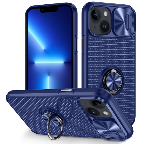 

For iPhone 13 Sliding Camshield Armor Phone Case with Ring Holder(Blue)