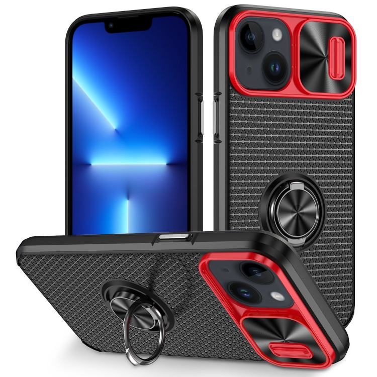 

For iPhone 13 Sliding Camshield Armor Phone Case with Ring Holder(Red Black)