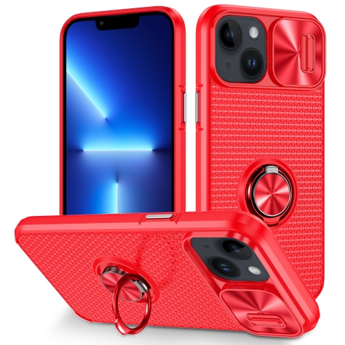 

For iPhone 13 Sliding Camshield Armor Phone Case with Ring Holder(Red)