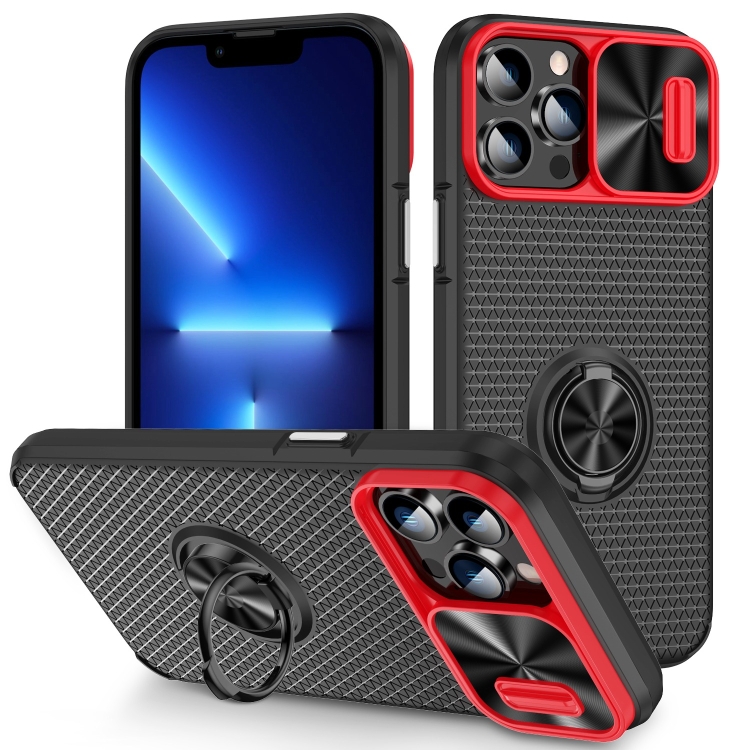 

For iPhone 13 Pro Sliding Camshield Armor Phone Case with Ring Holder(Red Black)