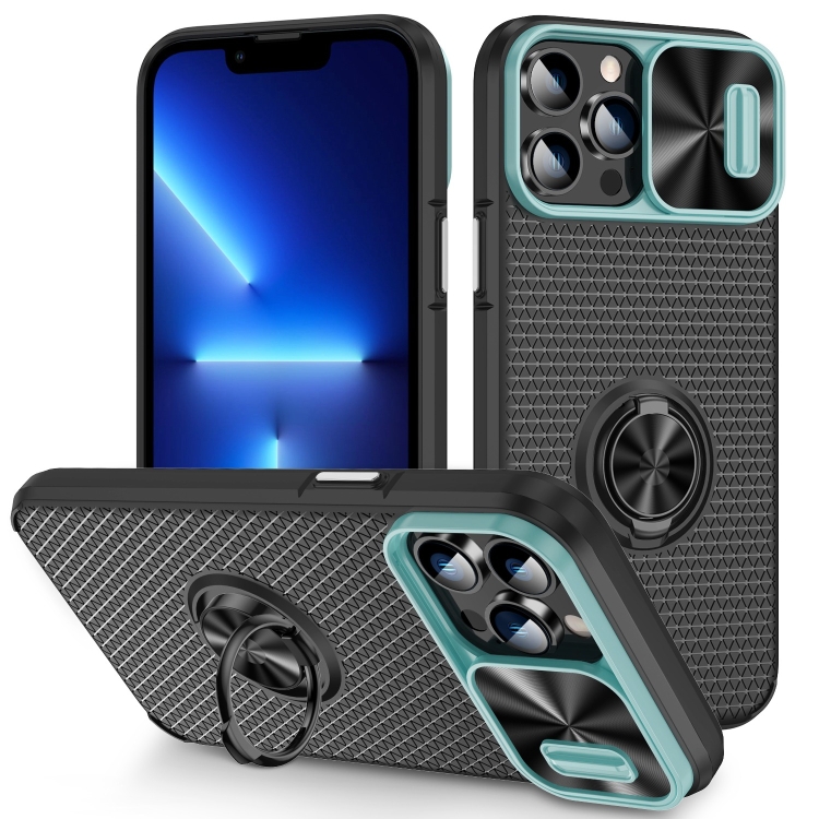 

For iPhone 13 Pro Sliding Camshield Armor Phone Case with Ring Holder(Grey Green Black)