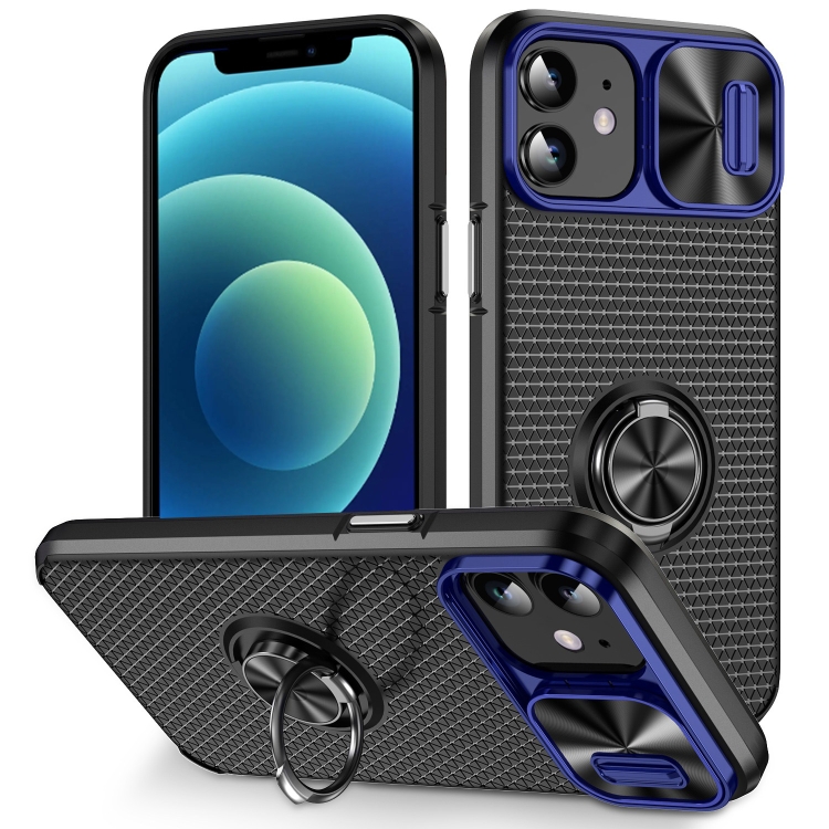 

For iPhone 12 Sliding Camshield Armor Phone Case with Ring Holder(Blue Black)