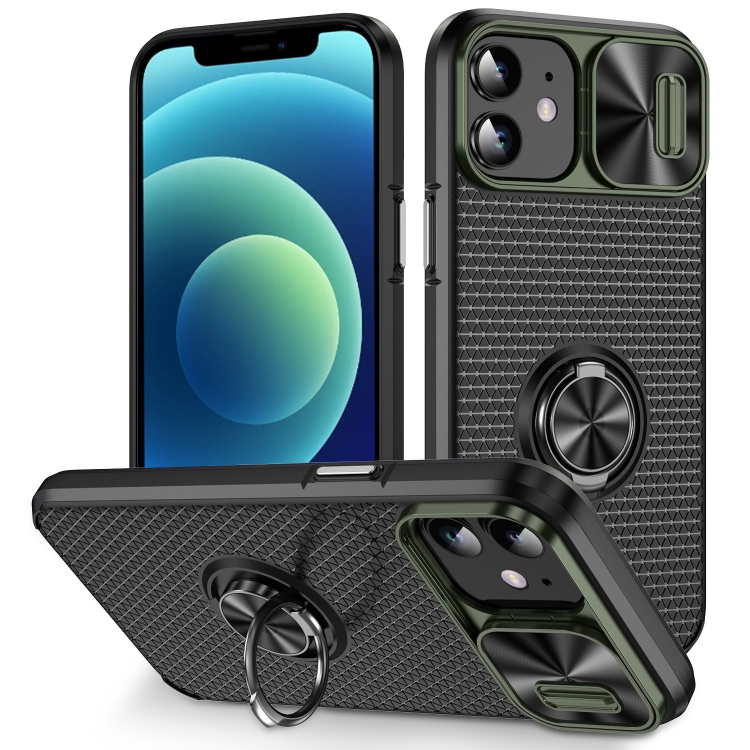 

For iPhone 12 Sliding Camshield Armor Phone Case with Ring Holder(Army Green Black)