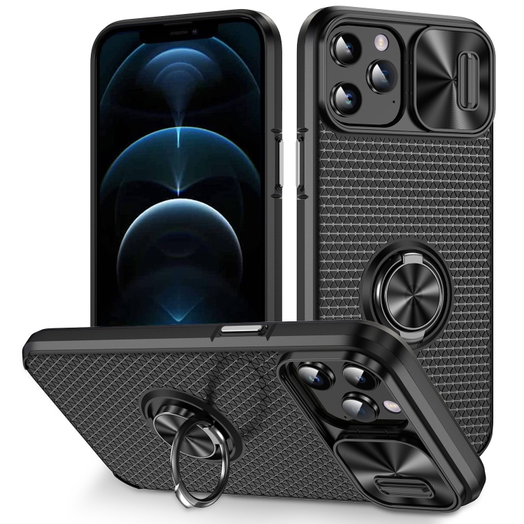 

For iPhone 12 Pro Sliding Camshield Armor Phone Case with Ring Holder(Black)