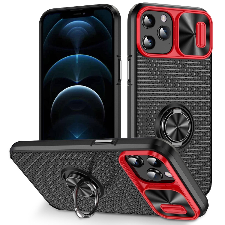 

For iPhone 11 Pro Max Sliding Camshield Armor Phone Case with Ring Holder(Red Black)