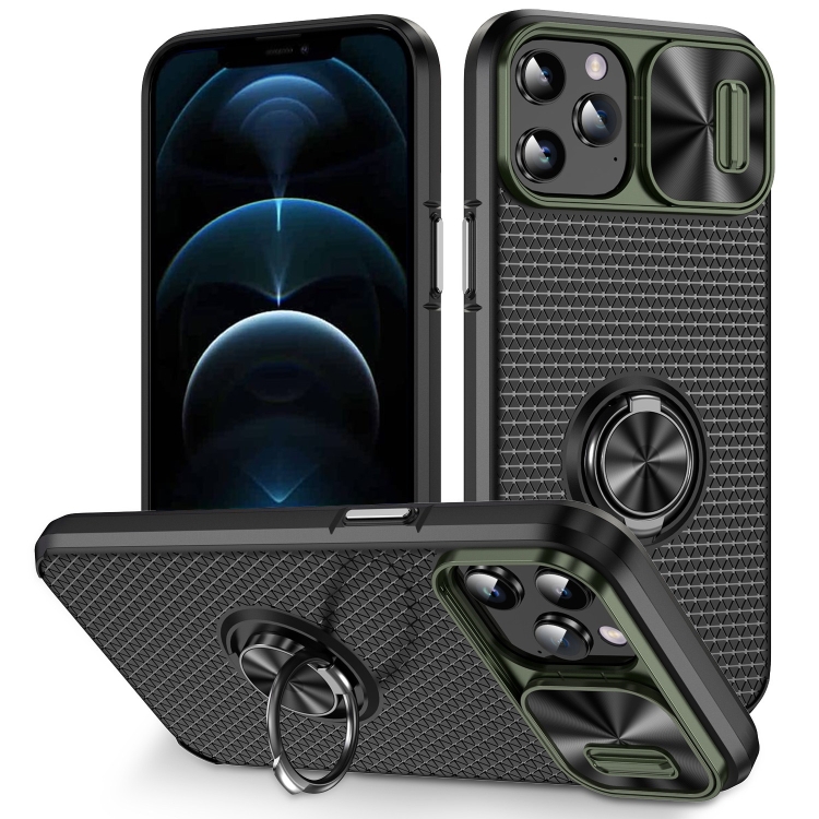 

For iPhone 11 Pro Max Sliding Camshield Armor Phone Case with Ring Holder(Army Green Black)
