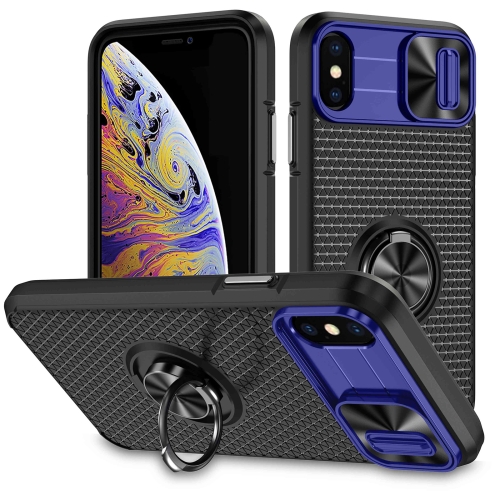 

For iPhone XR Sliding Camshield Armor Phone Case with Ring Holder(Blue Black)