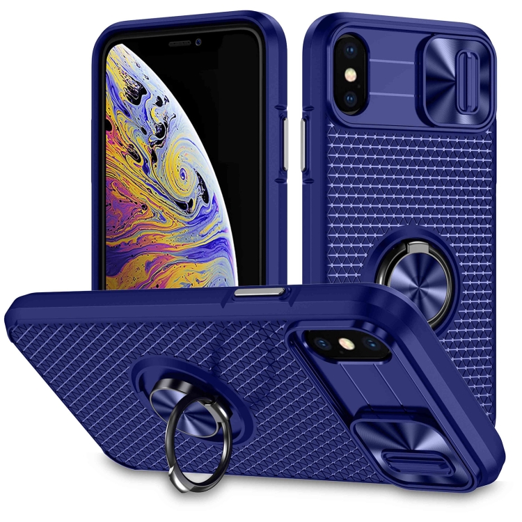 

For iPhone XR Sliding Camshield Armor Phone Case with Ring Holder(Blue)